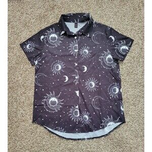 Romwe Button Up Down Shirt Top Celestial Sun Moon Black White Goth Size Small